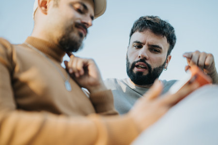 Two men engaged in a discussion while using a smart phone outdoorsの写真素材