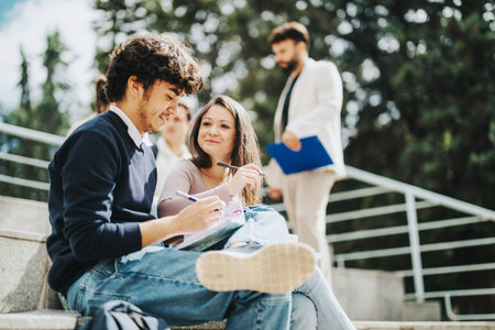 High school students engaged in outdoor learning with teacher guidanceの写真素材