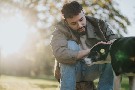 Man enjoying a sunny day with his dog in a park settingの写真素材