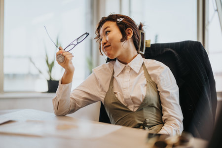 Relaxed businesswoman at desk taking a break in office settingの写真素材