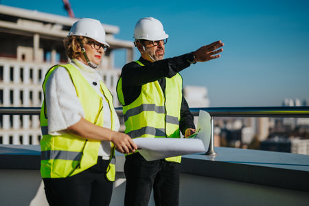 Architects discussing building plans on urban construction site