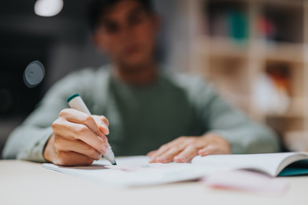 Focused high school student taking notes in classroom setting