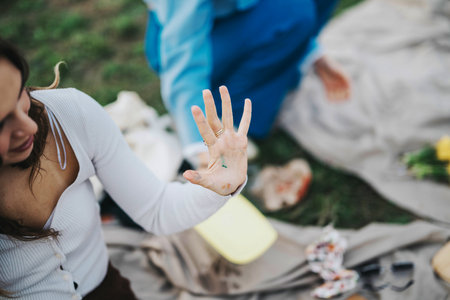 Close-up of a womans hand with paint during an outdoor picnicの写真素材