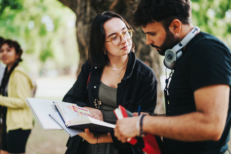 Students consulting professor in park with books and headphones