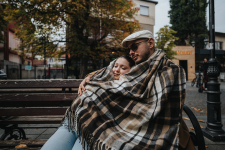 Cozy couple sitting on a park bench wrapped in a checkered blanketの写真素材