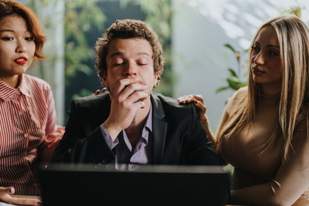 Stressed businessman with supportive colleagues in modern office setting