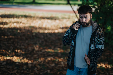 Man in autumn park making phone call while walking outdoorsの写真素材