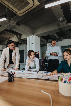 Business team analyzing project strategies in modern office settingの写真素材