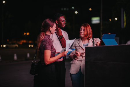 Diverse business team collaborating during a late night strategy meetingの写真素材
