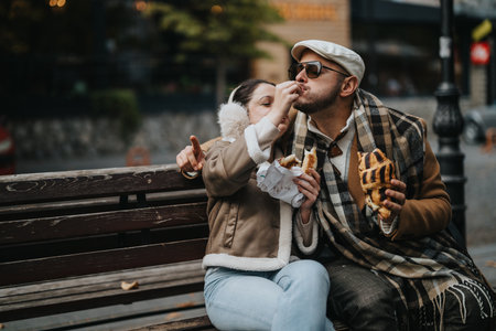 Happy couple enjoying food on a cozy outdoor park benchの写真素材