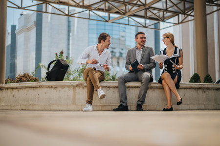 Young professionals having a discussion while sitting outside a modern office building, collaborating on ideas during a business meeting, showcasing teamwork and communicationの写真素材