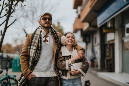 Happy couple enjoying a winter stroll on a city sidewalkの写真素材