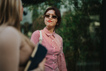 Confident woman in business attire outdoors in casual conversationの写真素材