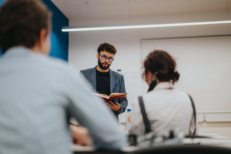 Professor guides students on assignment tasks in a modern classroom settingの写真素材