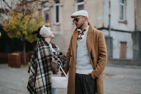 Young couple sharing a stylish moment outdoors in autumn urban settingの写真素材