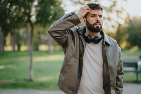 Man with headphones looking thoughtful in a serene park setting
