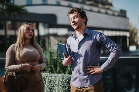 Multicultural business partners in an engaging outdoor city meeting