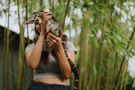 Girl holding a large snake in green bamboo forest setting