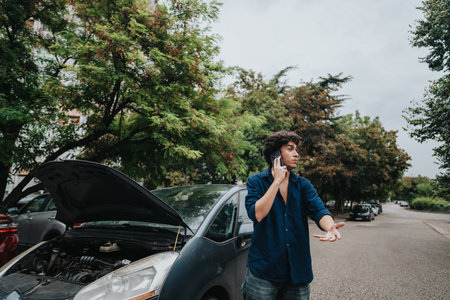 Frustrated driver calls for roadside assistance with broken carの写真素材