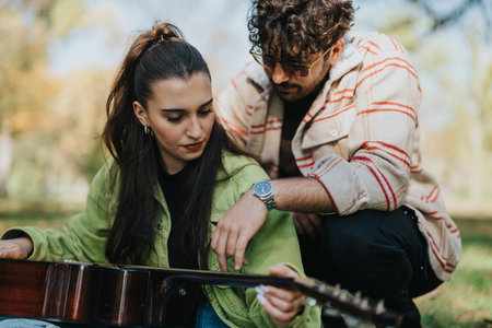 Young couple bonding over music in a serene park settingの写真素材