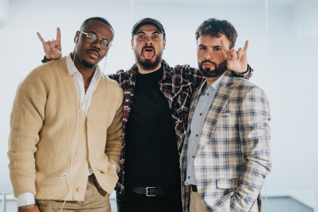 Three stylish men posing together with casual and confident expressionsの写真素材