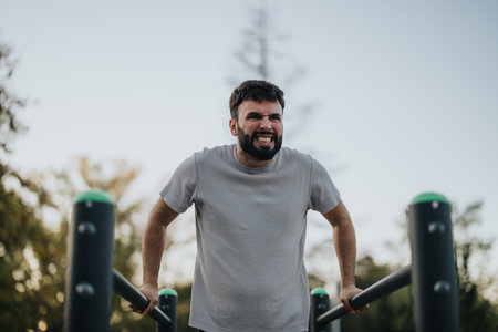 Man performing outdoor workout on exercise bars at a parkの写真素材