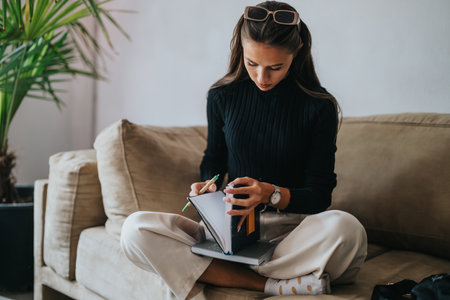 Young female student focusing on homework in a cozy home settingの写真素材