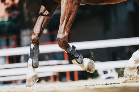 Close-up of horses legs in motion with protective gear