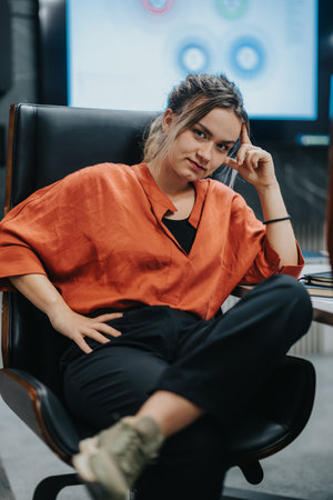 Confident woman sitting in a modern office chair during a meetingの写真素材