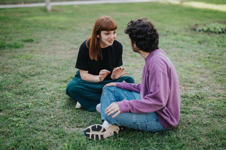 Young couple sitting on grass having a cheerful conversationの写真素材