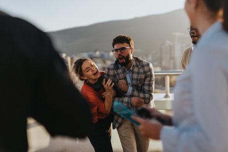 A group of colleagues celebrate success by dancing on a high-rise balcony at sunset.の写真素材