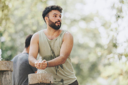 Young man enjoying a refreshing moment at a park water fountain while wearing a casual sleeveless shirt on a sunny dayの写真素材