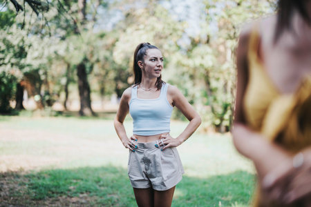 A young woman in casual attire stands confidently in a lush green park, enjoying a relaxed day with friends.の写真素材