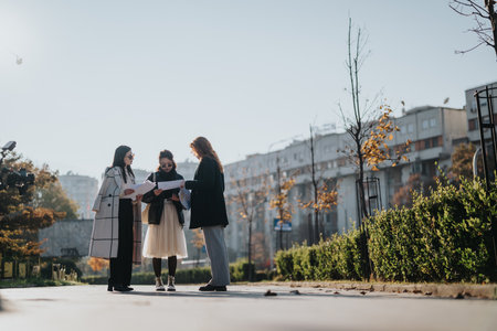 Three professional women collaborating outdoors for a project discussion on a sunny dayの写真素材