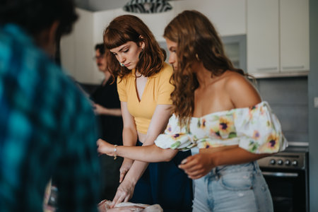 Women preparing meal together in a modern kitchen settingの写真素材