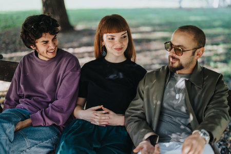 Three friends enjoying a relaxing day outdoors on a park benchの写真素材