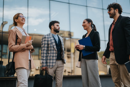 Business people having a casual outdoor meeting in the cityの写真素材