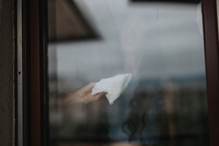 Hand cleaning a glass window with a paper towel on a rainy dayの写真素材