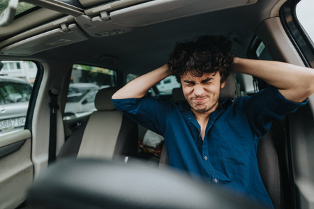 Frustrated man sitting in a car holding his head in stressの写真素材