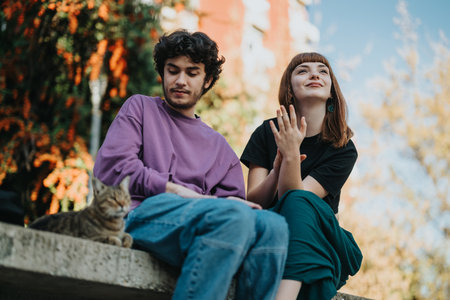 Young couple enjoying a sunny day with a cat outdoorsの写真素材