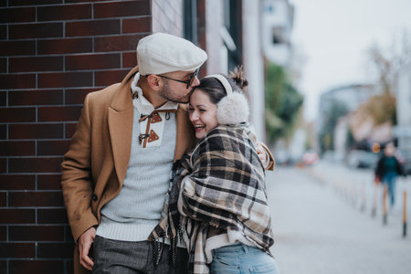 Happy young couple embracing outdoors in the city on a winter dayの写真素材