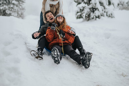 Group of Friends Enjoying a Fun Sledding Day in a Snowy Landscapeの写真素材