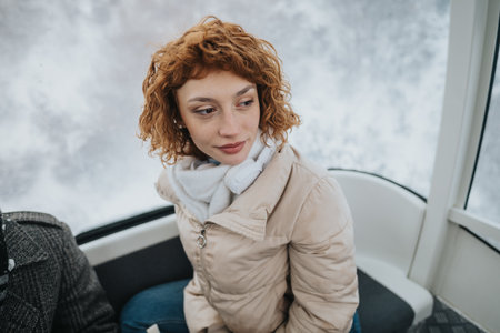 Young woman enjoying a tranquil winter ride in a gondola cabin