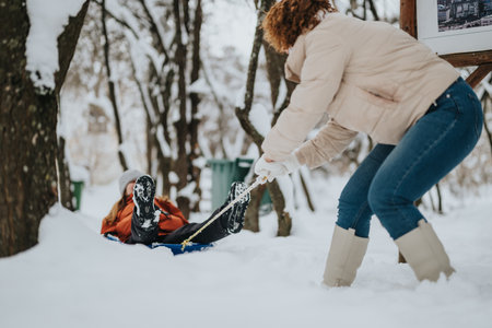 Two friends playing in the snow with a sled on a winter day