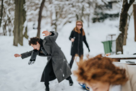 Friends enjoying playful moments outdoors on a snowy winter day