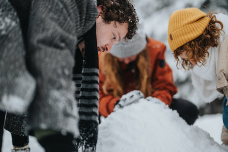 A group of people enjoying a snowy day together, building a snow structure outdoorsの写真素材