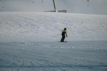 Person skiing on a snowy slope under cloudy winter sky