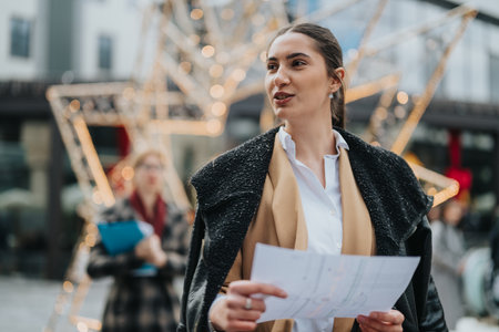 Professional Woman Holding Documents in Urban Setting with Decorative Lightsの写真素材