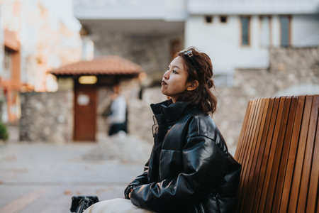 Young woman sitting outdoors with reflective expression wearing stylish clothingの写真素材