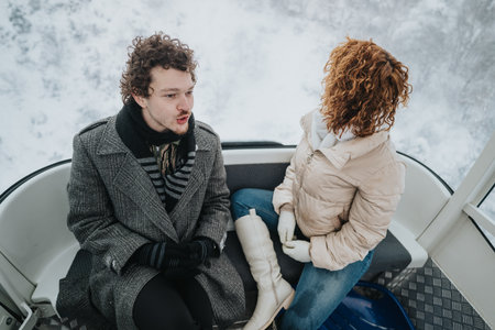 Two friends enjoying a cozy gondola ride during a snowy winter dayの写真素材